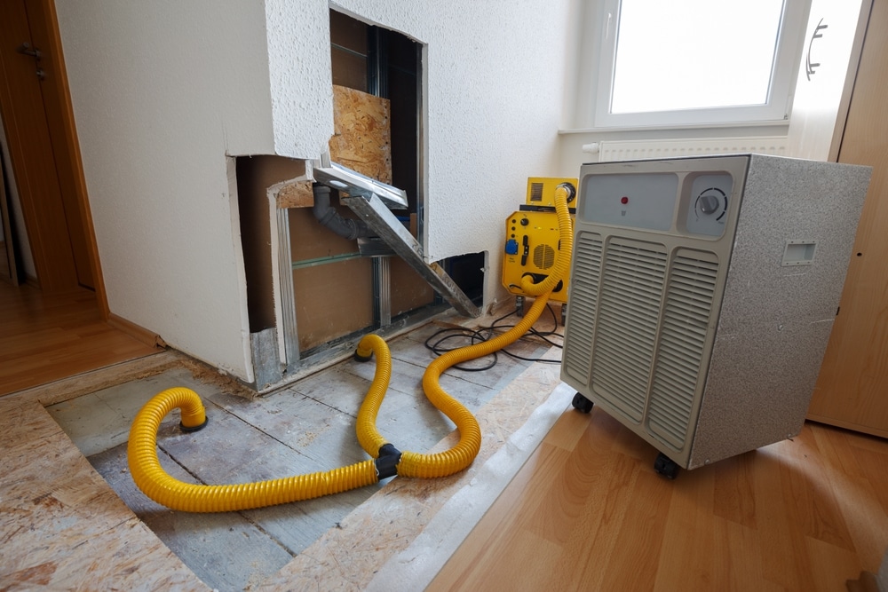 A flooded room with water damage repair specialists in San Diego fixing the damage with professional equipment.