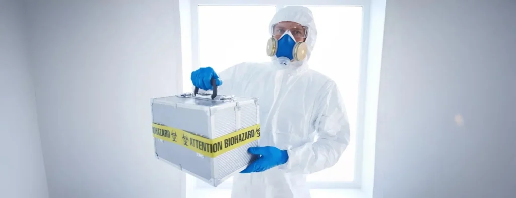 Professional biohazard cleanup technician in full protective gear